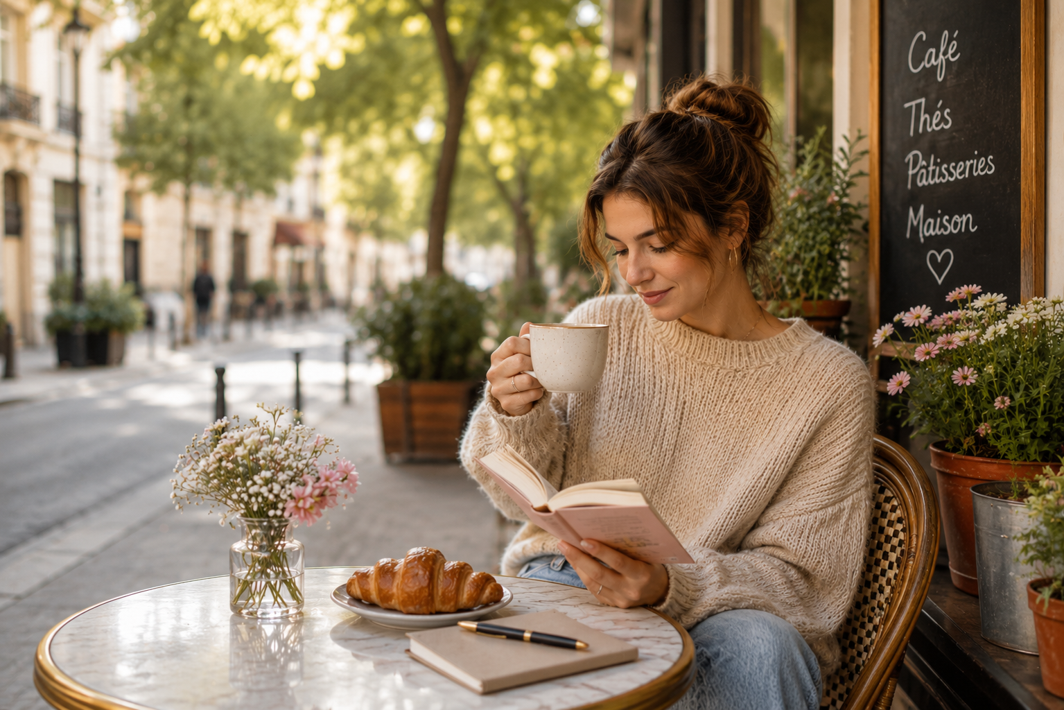 Frau genießt alleine eine entspannte Auszeit in einem gemütlichen Straßencafé und liest bei einer Tasse Kaffee ein Buch.