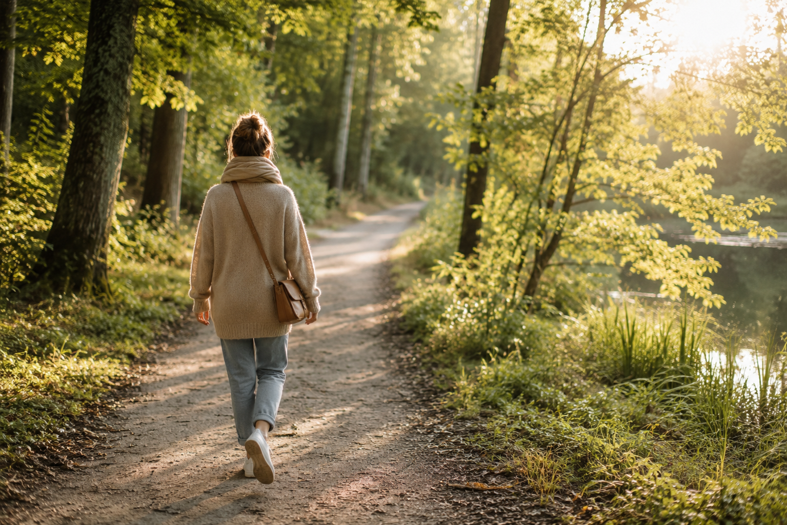 Frau spaziert alleine auf einem ruhigen Waldweg und genießt eine entspannte Auszeit in der Natur.