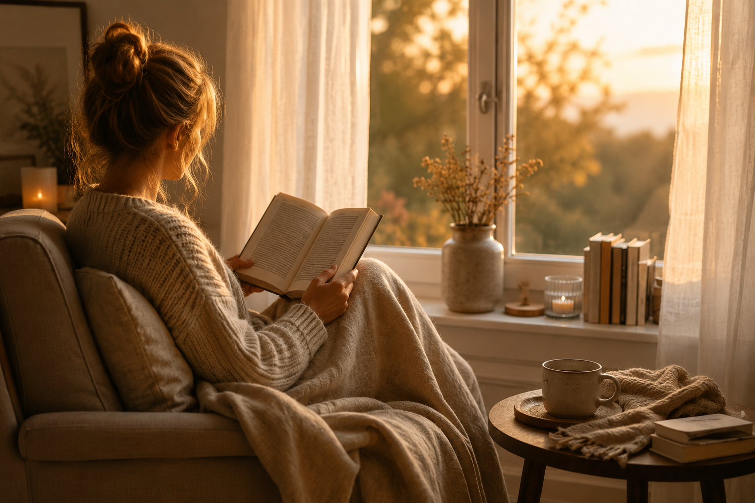 Frau liest ein Buch in einer gemütlichen Leseecke mit Tee und Decke