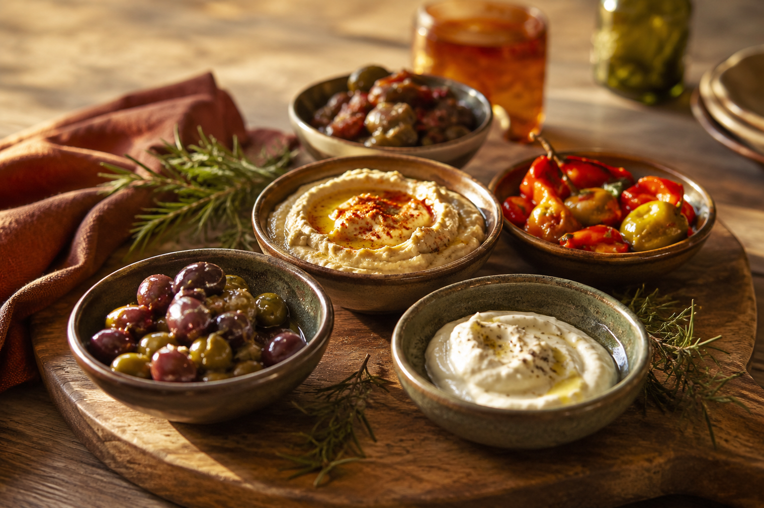 Keramikschalen mit Antipasti, Dips und Oliven auf einem Holzbrett.