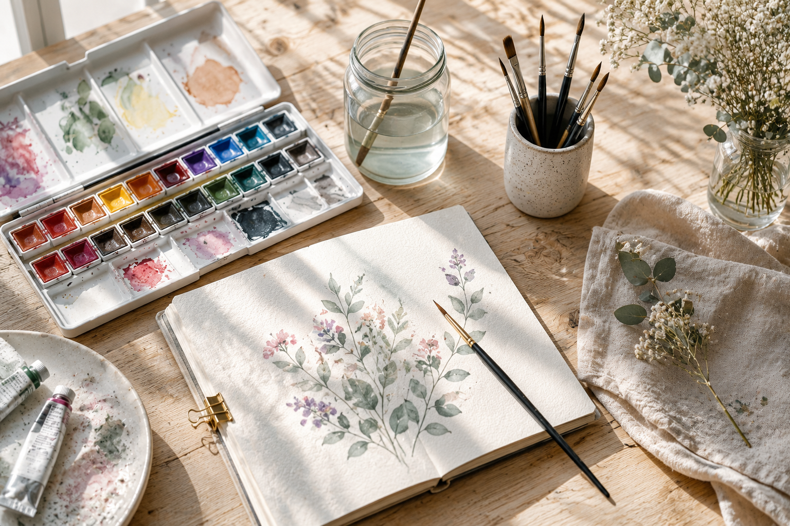Aquarellkasten mit Pinseln und Skizzenbuch auf einem Holztisch