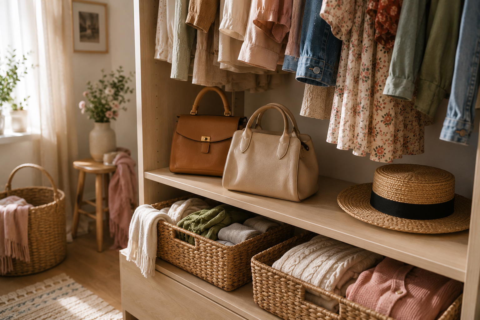 Heller Kleiderschrank mit geflochtenen Aufbewahrungskörben, ordentlich gefalteter Kleidung, Handtaschen und Accessoires in wohnlicher Atmosphäre.