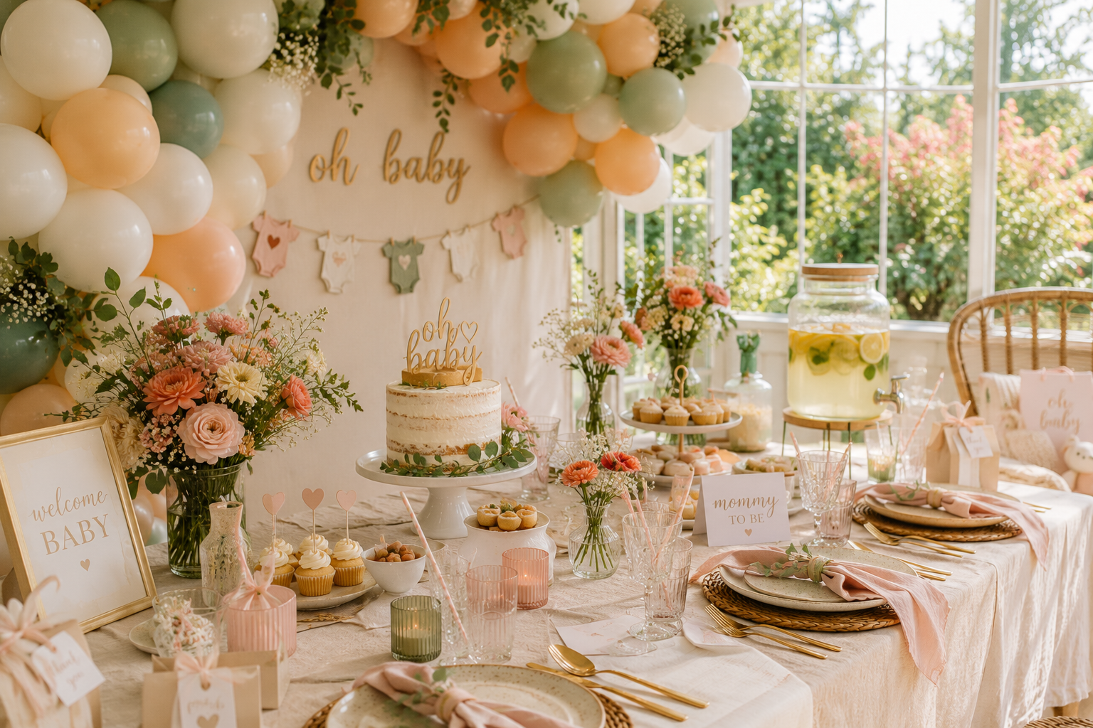 Festlich gedeckter Tisch mit Blumen, Ballons und kleinen Leckereien für eine Babyparty.