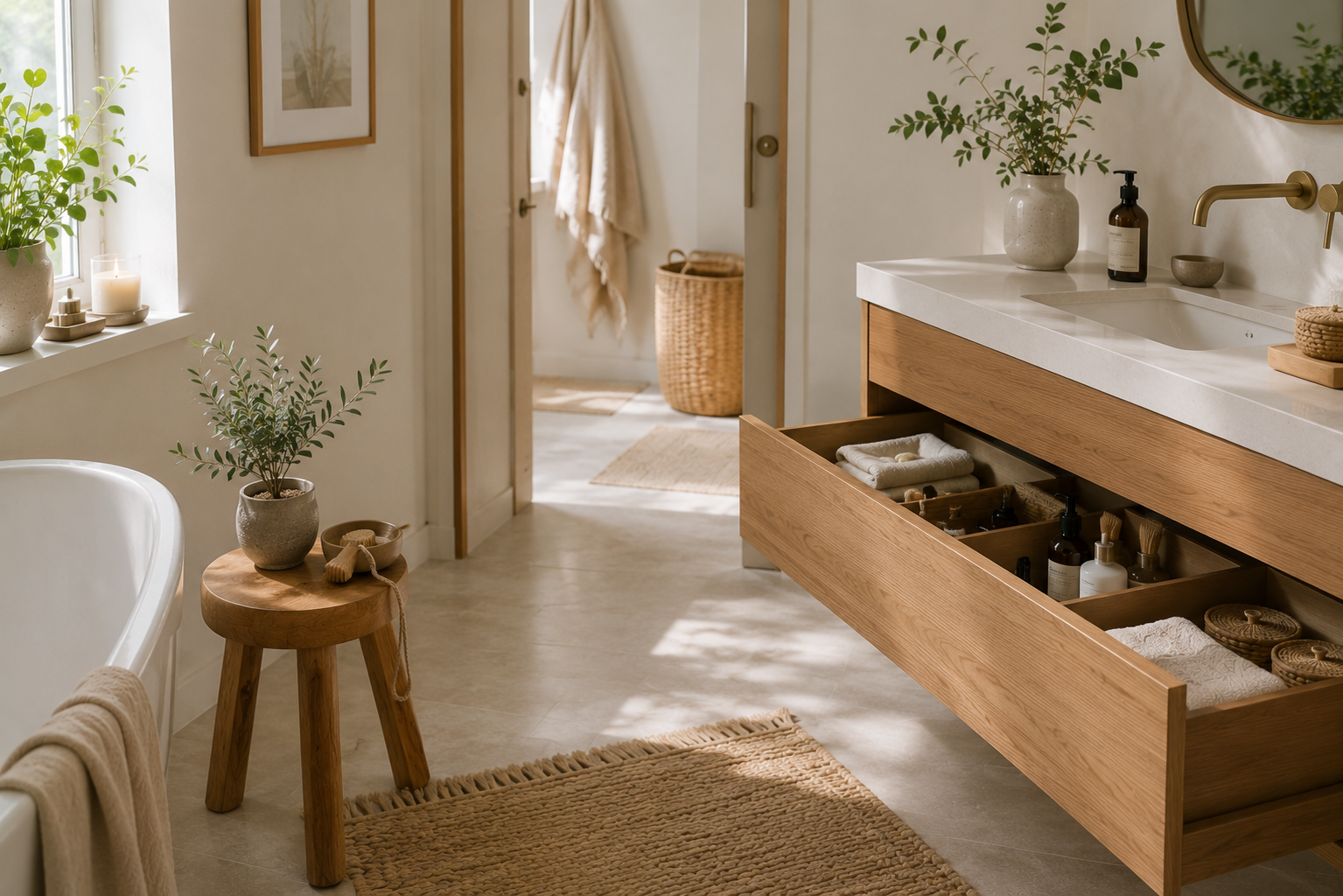 Offene Schublade unter dem Waschtisch mit übersichtlich sortierten Pflegeprodukten und Handtüchern – praktische Idee für mehr Ordnung im Badezimmer.