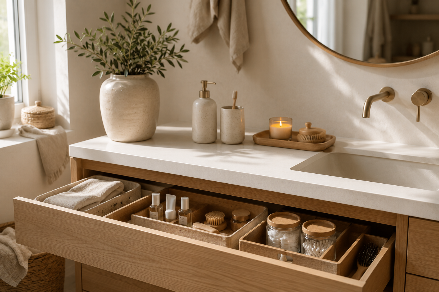 Geöffnete Badezimmerschublade mit Holz-Organizern, Glasbehältern und ordentlich sortierten Pflegeprodukten – praktische Idee zum Badezimmer organisieren.