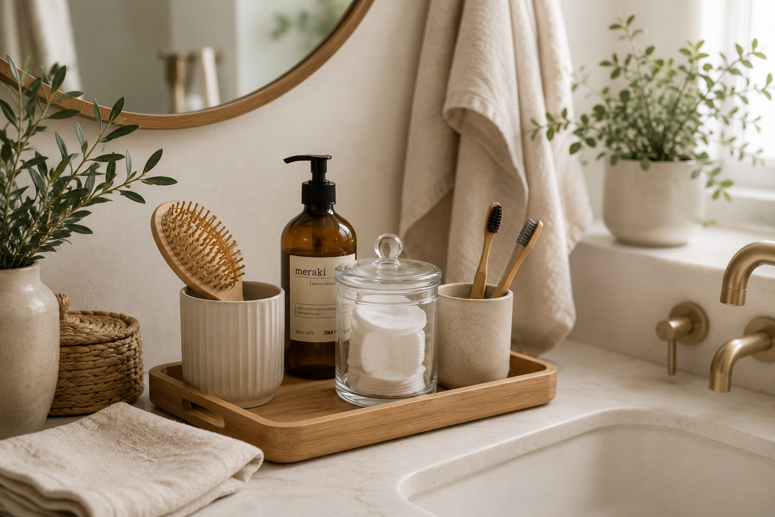 Holztablett mit Seifenspender, Zahnputzbecher und Glasdose auf einem aufgeräumten Waschtisch – stilvolle Idee für mehr Ordnung im Badezimmer.
