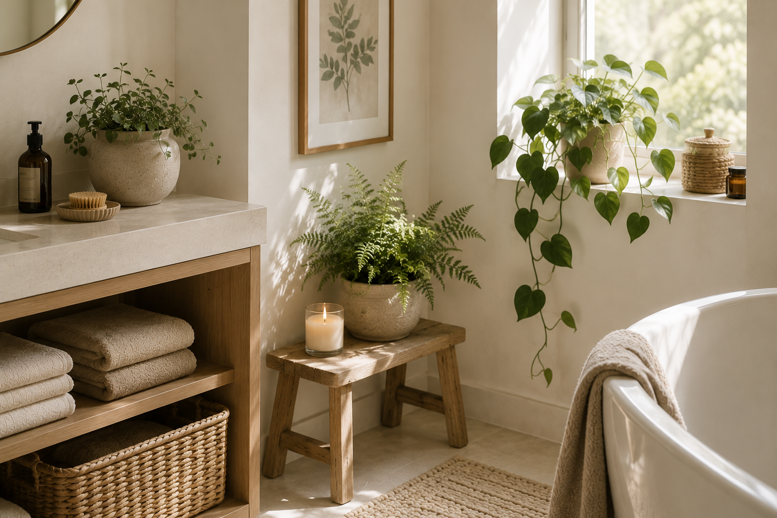 Helles Badezimmer mit mehreren grünen Zimmerpflanzen, warmem Tageslicht und natürlichen Materialien – stilvolle Inspiration für eine wohnliche Wohlfühlatmosphäre im Badezimmer.