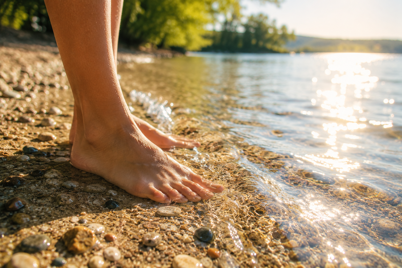 Barfüßige Füße im flachen Wasser eines sonnigen Sees.