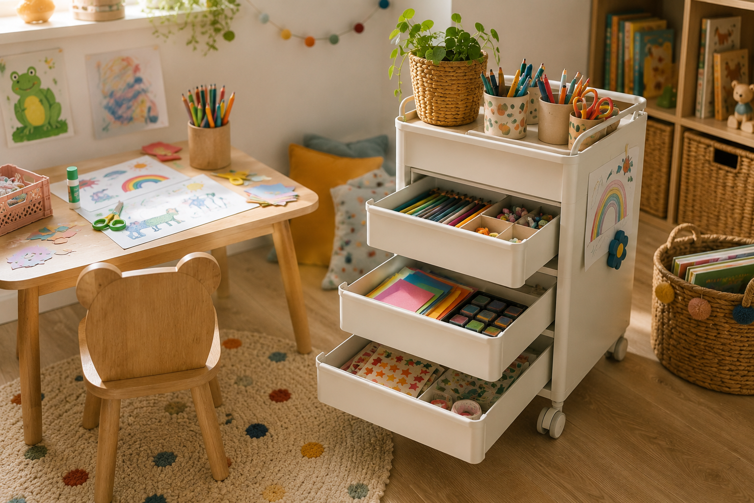 Rollcontainer mit Bastelmaterial neben einem Kindertisch.