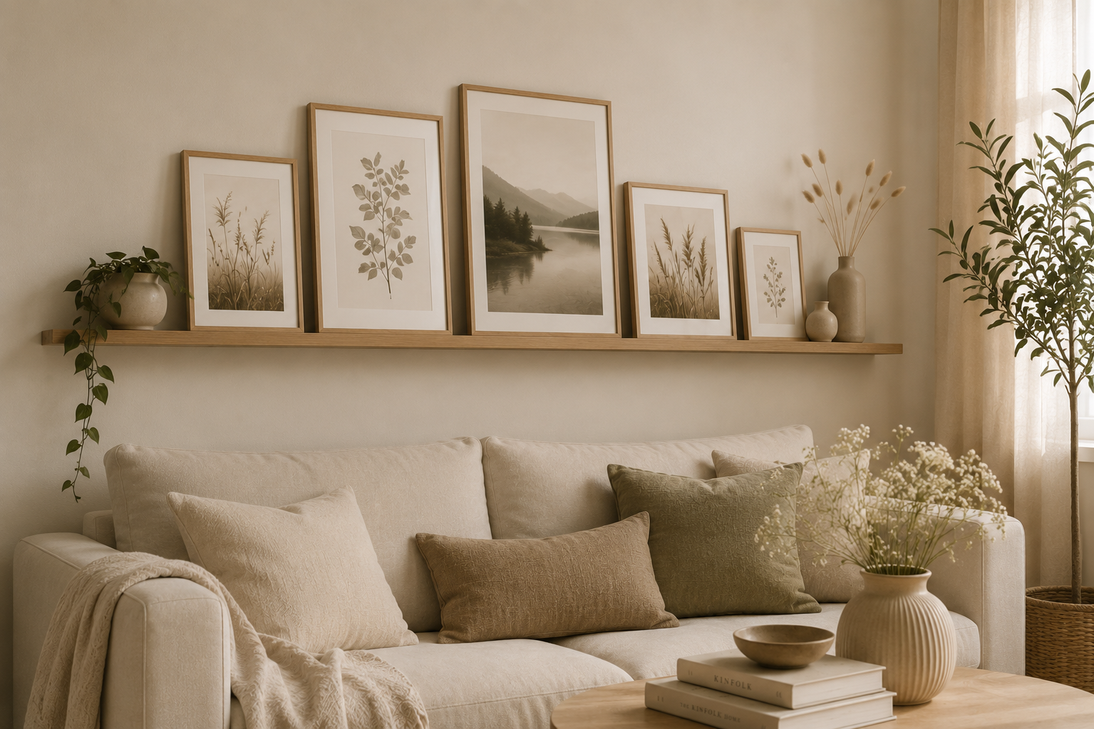 Helles Wohnzimmer mit einer schlichten Bilderleiste aus Holz über einem beigen Sofa. Auf der Leiste stehen gerahmte Naturmotive in hellen Holzrahmen sowie dezente Keramikvasen und eine kleine Zimmerpflanze für eine ruhige, harmonische Wohnatmosphäre.