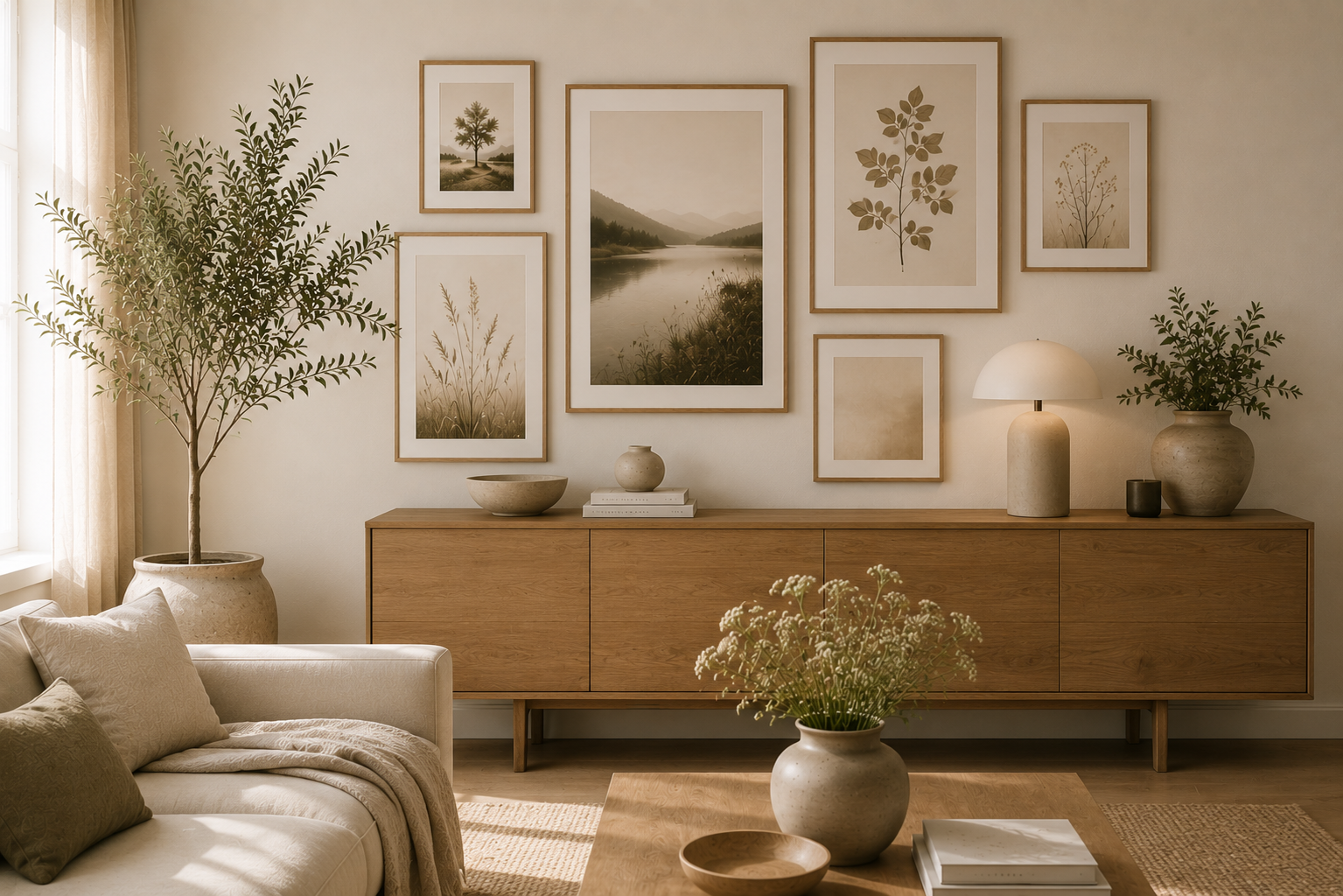 Modernes Wohnzimmer mit einem Sideboard aus hellem Holz und einer harmonisch arrangierten Bilderwand aus Naturmotiven in hellen Holzrahmen. Keramikvasen, eine Tischleuchte und Zimmerpflanzen schaffen eine ruhige, wohnliche Atmosphäre.