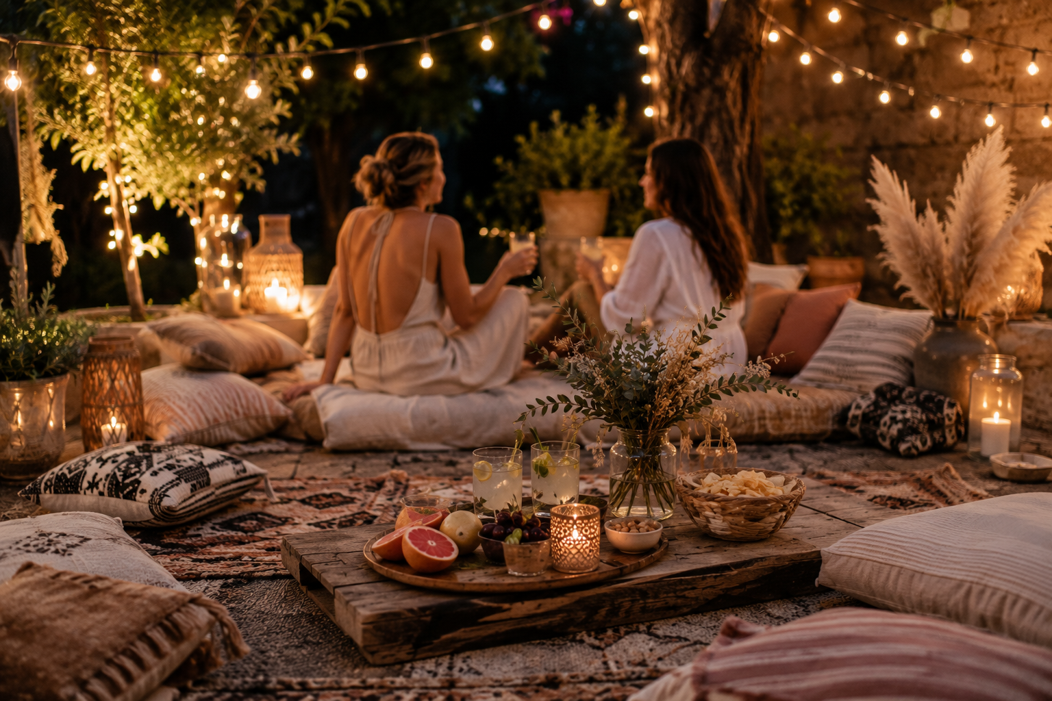 Gemütliche Lounge-Ecke im Garten mit Sitzkissen, Lichterketten, Trockenblumen und sommerlichen Getränken. Zwei Freundinnen genießen einen entspannten Abend in Boho-Atmosphäre.