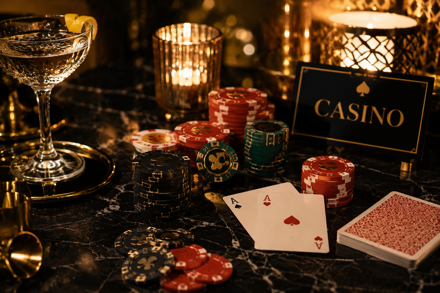 Spielkarten, Pokerchips und ein Cocktail auf einem schwarzen Marmortisch mit Kerzen und goldenen Details schaffen die stilvolle Atmosphäre einer Casino Night.