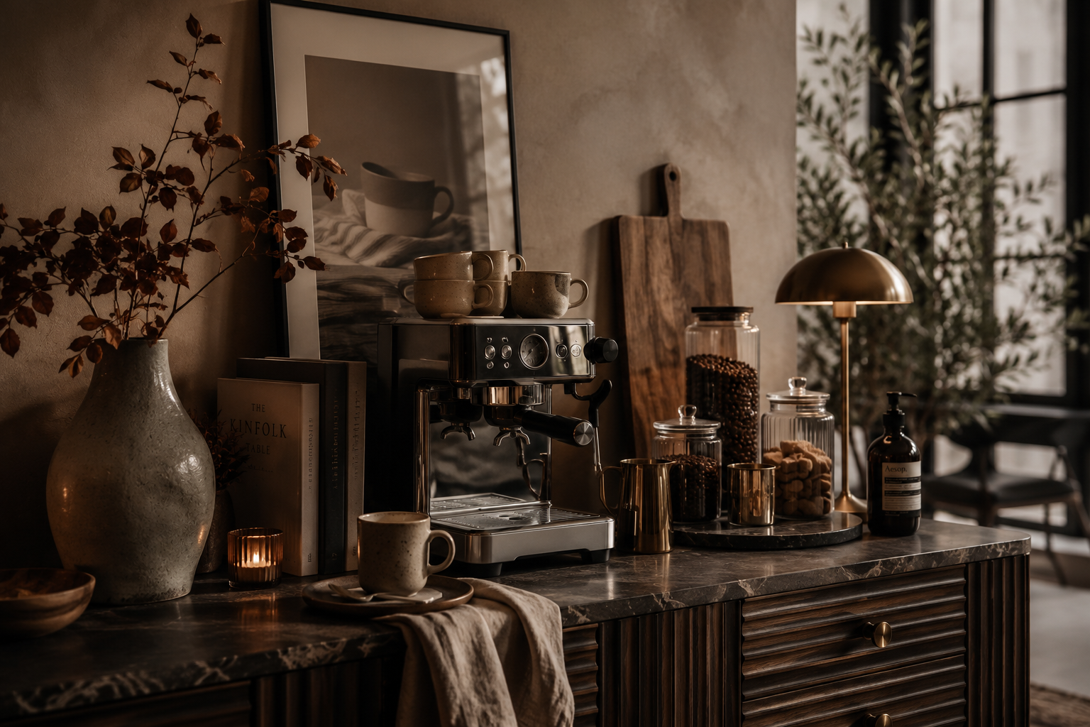 Stilvoll eingerichtete Coffee Bar auf einem Sideboard mit Espressomaschine, Keramiktassen, Vorratsgläsern und warmem Licht.