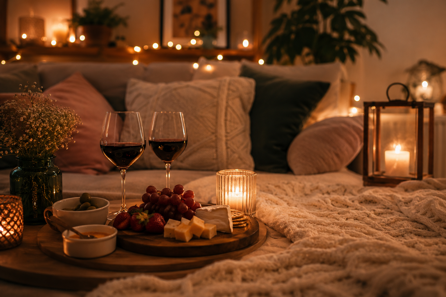 Gemütlich dekoriertes Wohnzimmer mit Kerzen, Wein, Käseplatte und kuscheligen Decken – eine romantische Atmosphäre für ein Date zuhause.