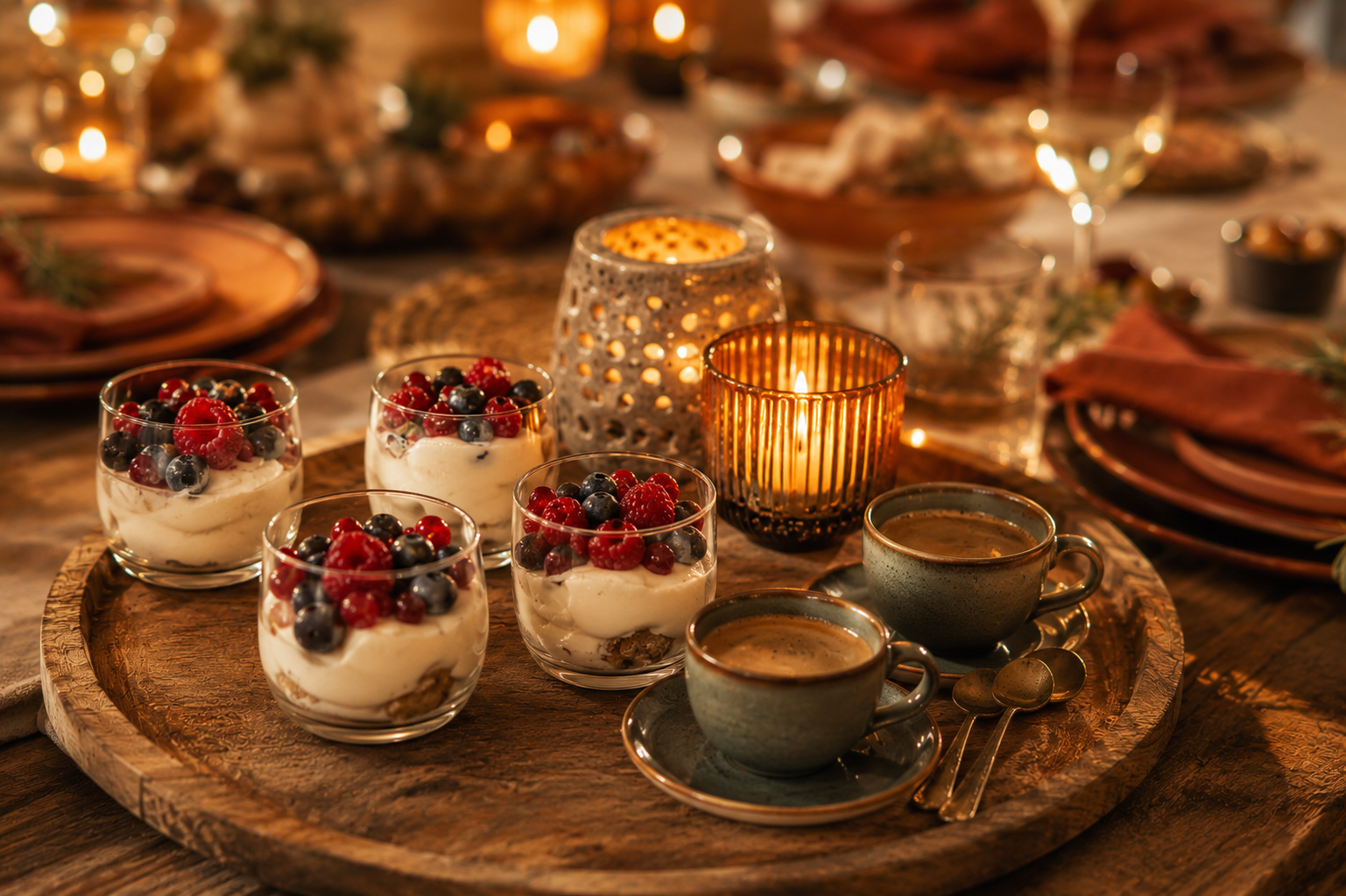 Kleine Dessertgläser mit Beeren und Espressotassen auf einem Tablett.