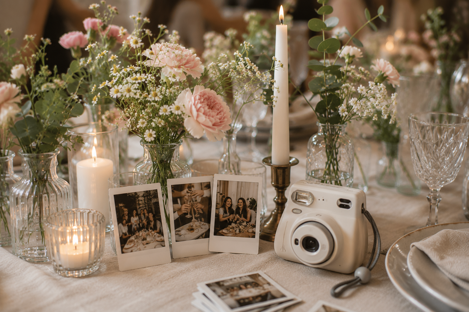 Polaroidfotos zwischen Blumen und Kerzen auf einer festlich gedeckten Geburtstagstafel.