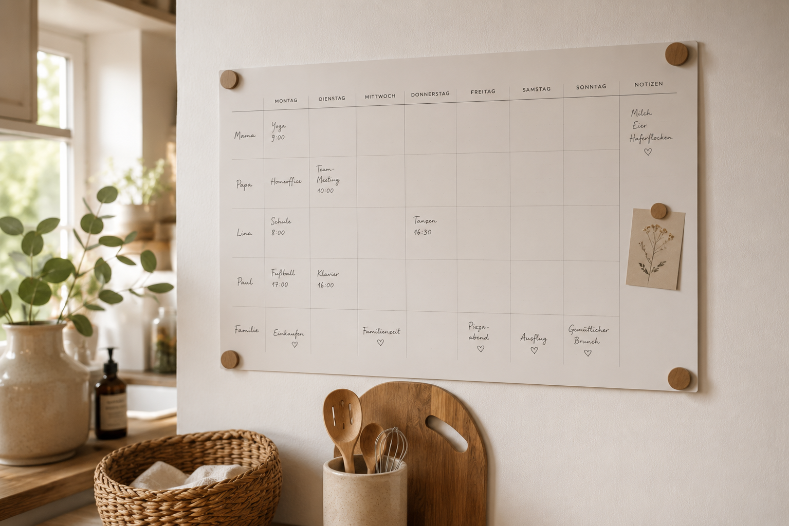 Ein schlichter Familienkalender hängt an einer hellen Küchenwand und sorgt für Übersicht im Alltag.