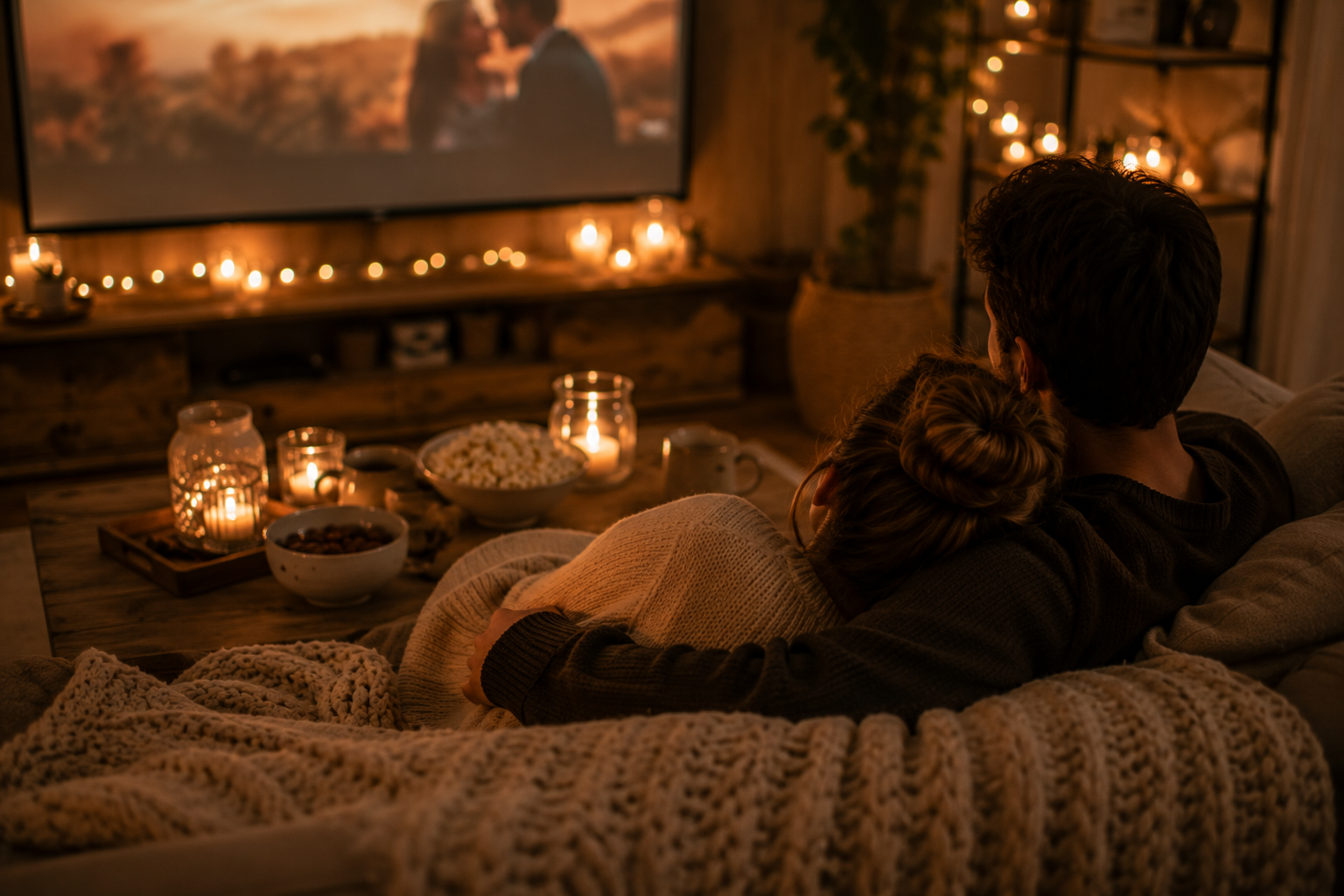 Paar genießt einen gemütlichen Filmabend zuhause auf dem Sofa mit Kerzen, Popcorn und kuscheligen Decken in warmer Atmosphäre.