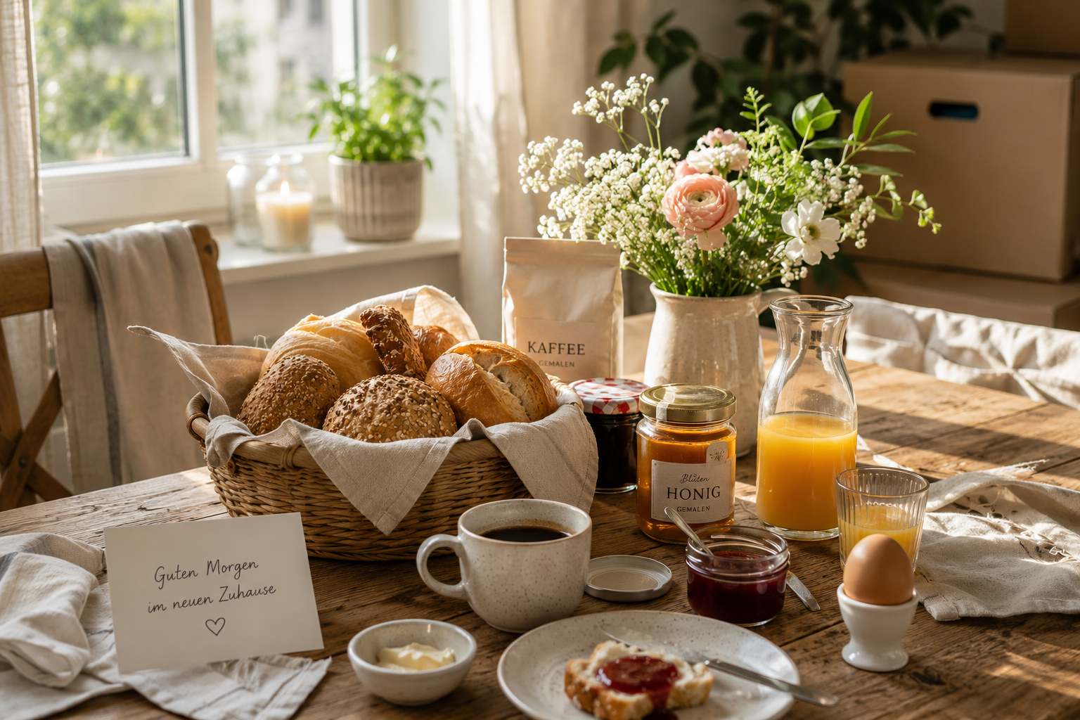 Liebevoll gedeckter Frühstückstisch mit frischen Brötchen, Kaffee, Honig, Marmelade, Orangensaft und Blumen in einer frisch bezogenen Wohnung.