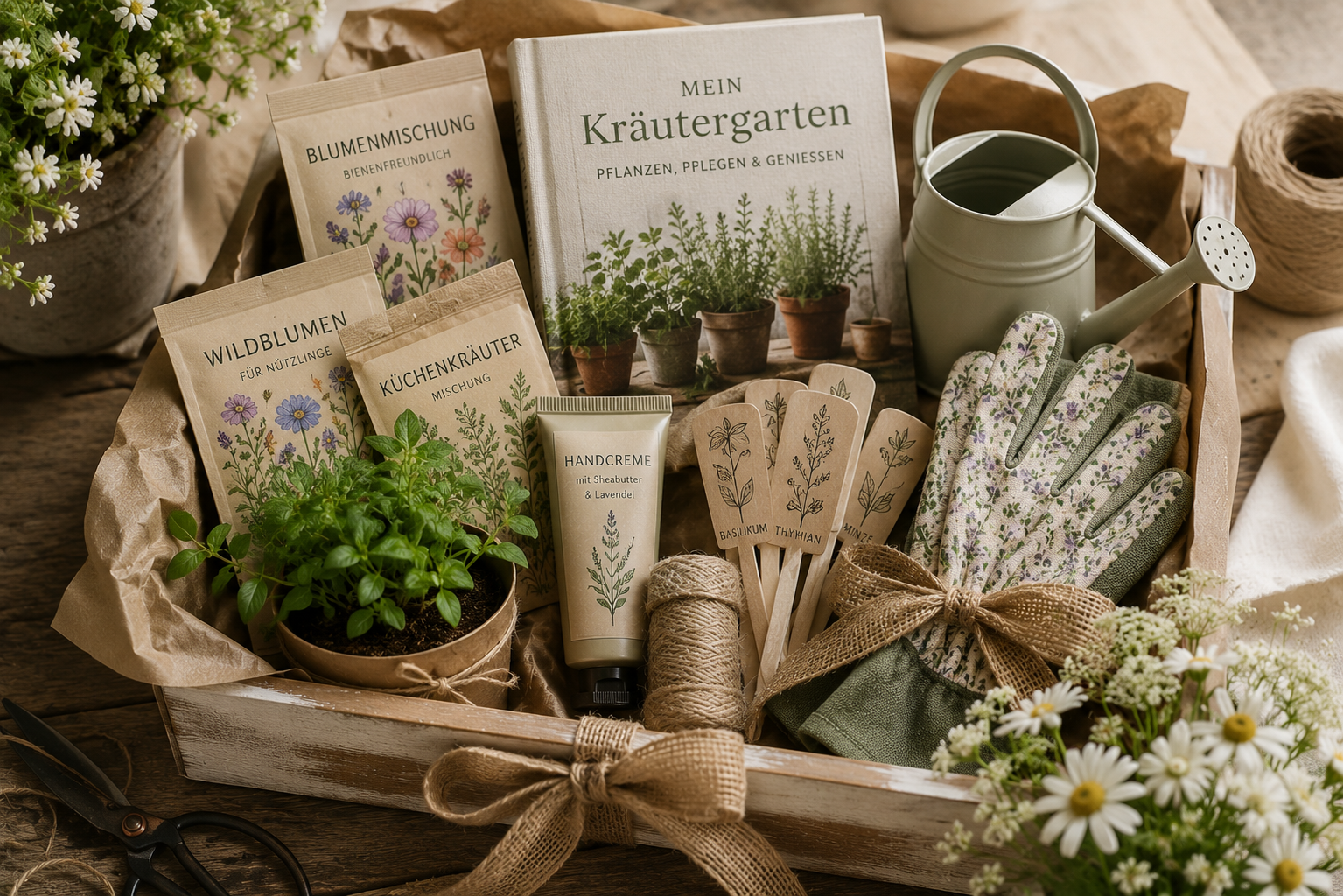 Holzkiste mit Blumensamen, Kräuterpflanze, kleiner Gießkanne, Gartenhandschuhen, Pflanzensteckern und Handcreme auf einem Holztisch im warmen Tageslicht.