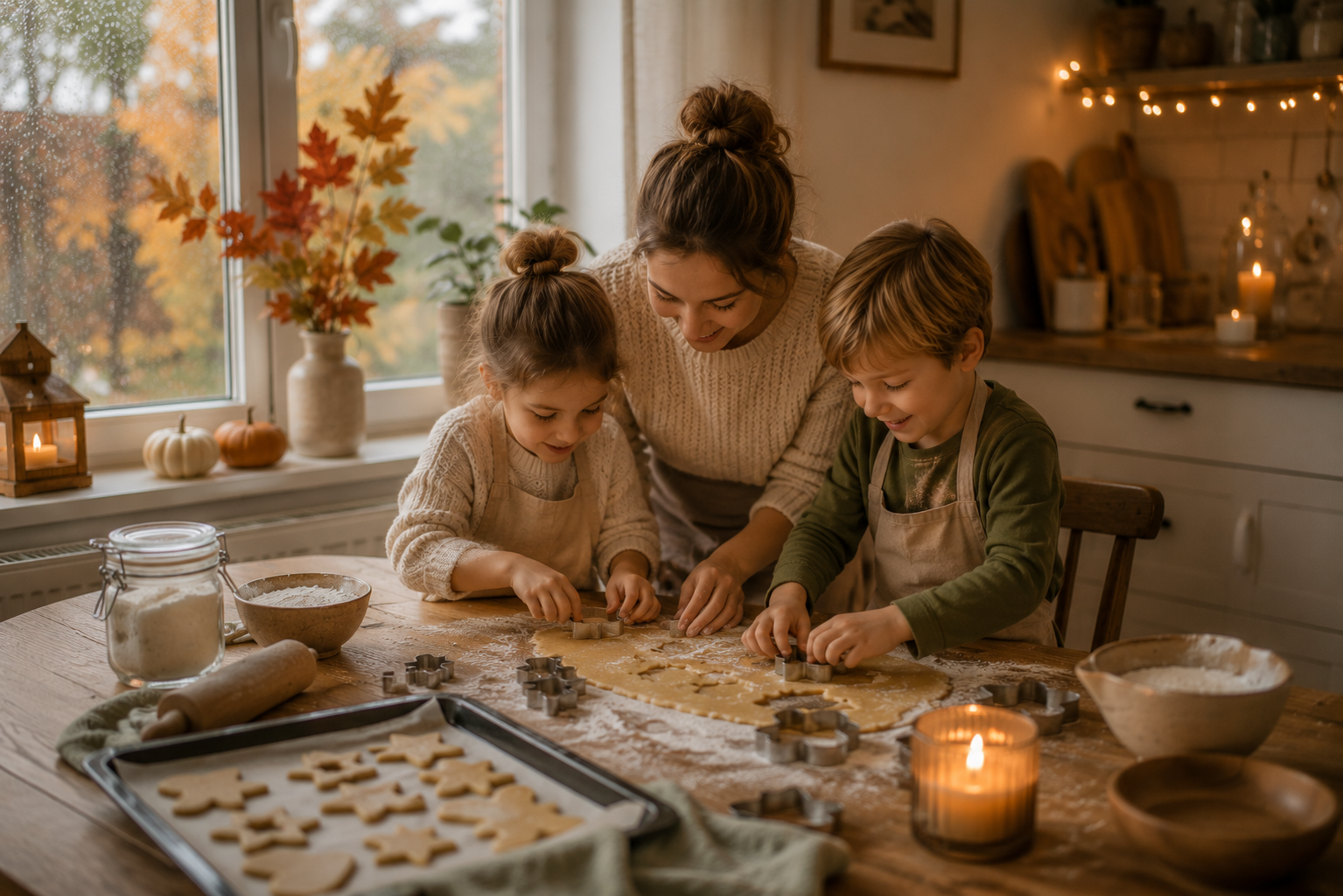 Gemeinsam backen mit Kindern an einem Regentag Mutter und zwei Kinder backen gemeinsam in einer gemütlichen Küche Plätzchen. Auf dem Holztisch liegen Teig, Ausstechformen und Backzutaten, während vor dem Fenster der Herbstregen fällt und Kerzen für eine warme Atmosphäre sorgen.