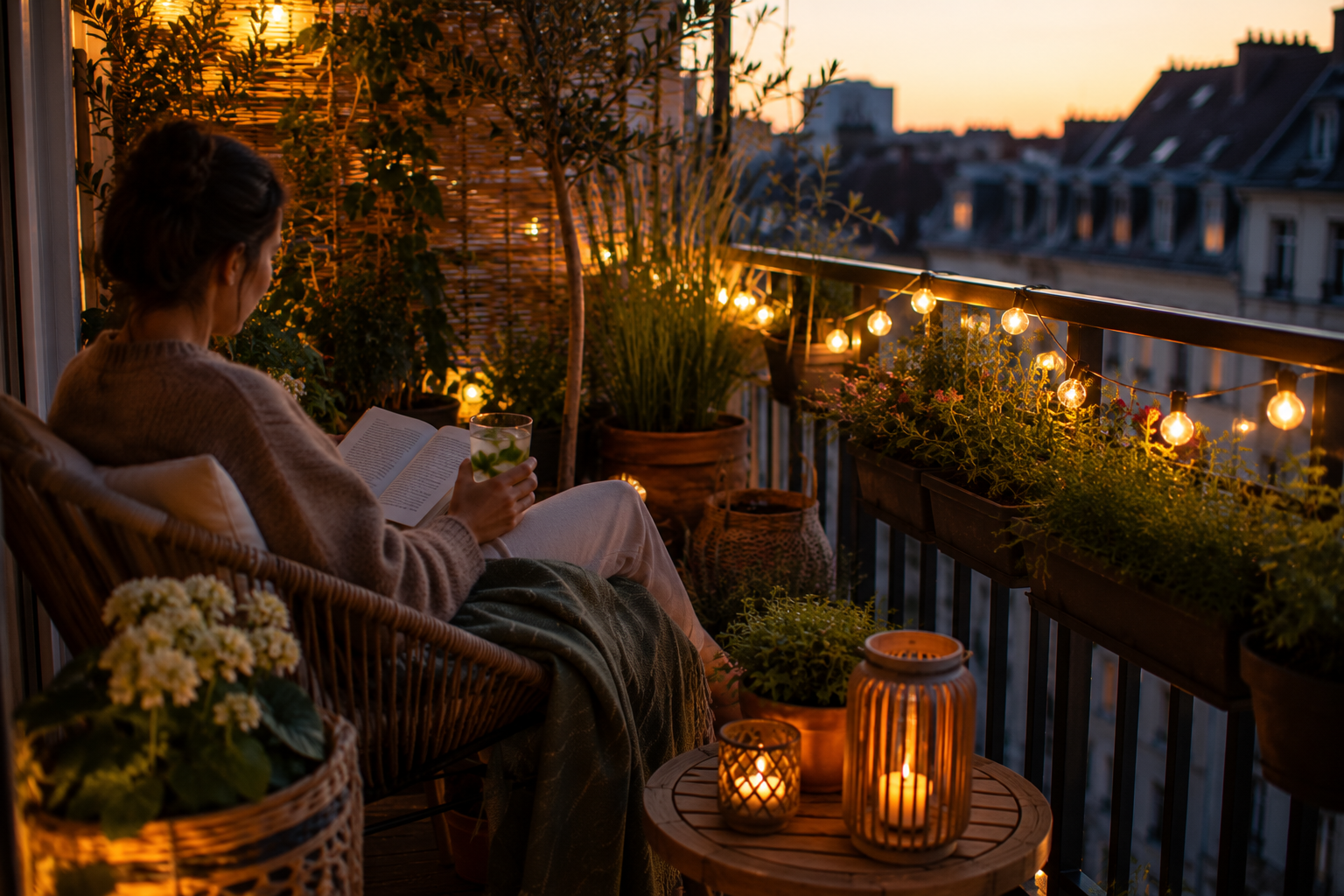 Den Tag entspannt auf dem Balkon ausklingen lassen Gemütlicher Balkon am Abend mit Lichterkette, Pflanzen und einer entspannten Person im Loungesessel.