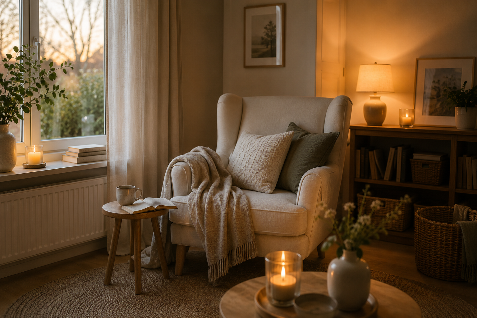 Gemütlicher Lieblingsplatz für den Feierabend Heller Lesesessel mit weicher Decke, geöffnetem Buch, Keramiktasse und Kerzenlicht in einem gemütlichen Wohnzimmer – ruhiger Rückzugsort für den Feierabend.