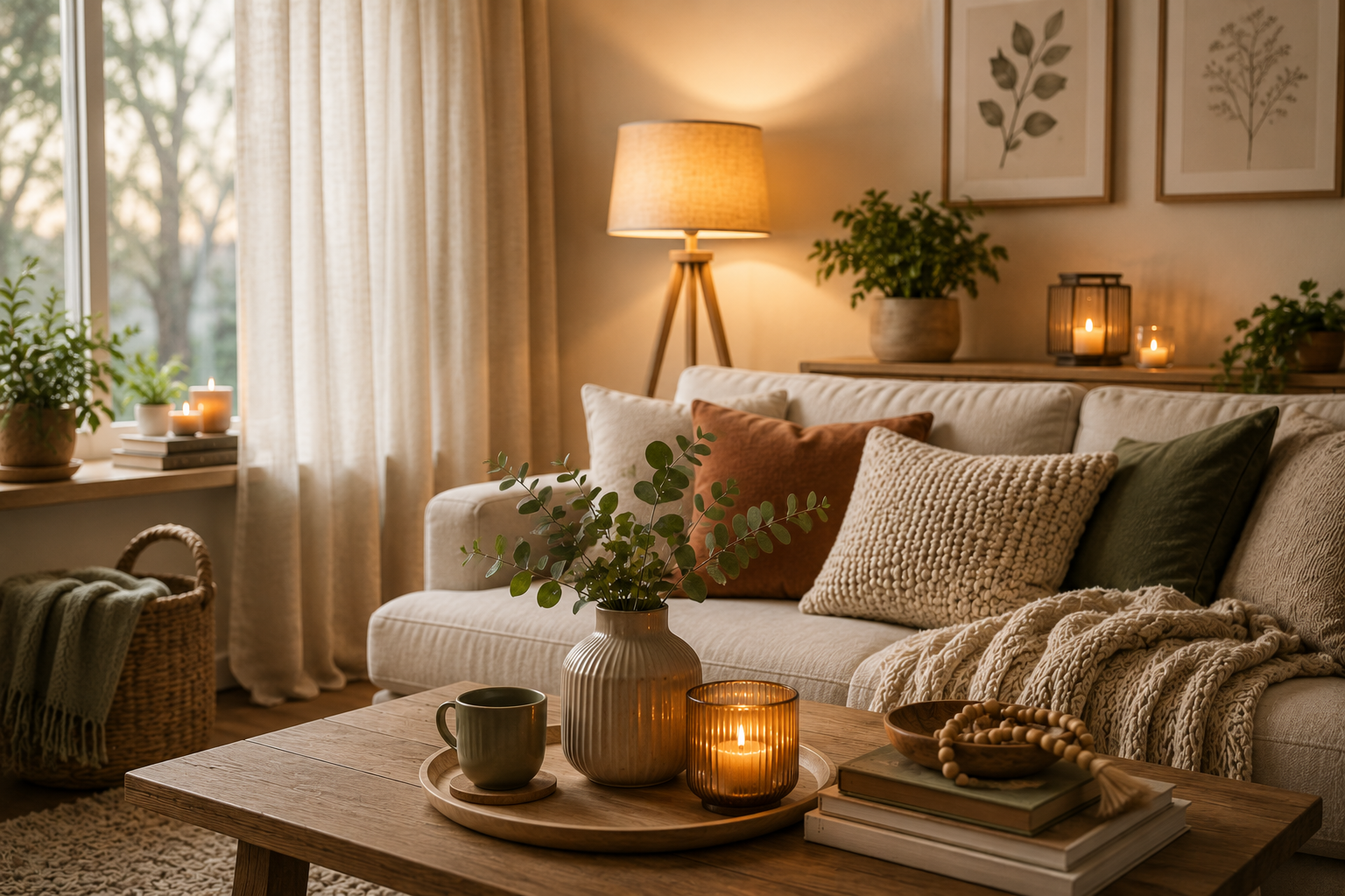 Gemütliches Wohnzimmer mit warmem Licht, weichen Textilien und stilvoller Dekoration