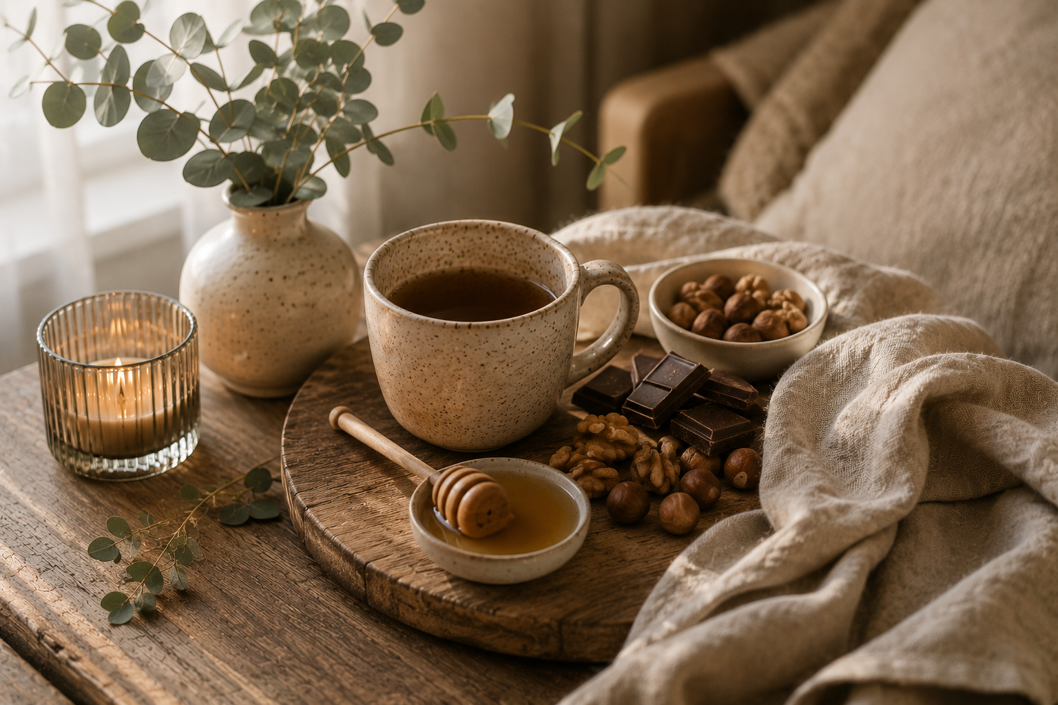 Keramiktasse mit heißem Tee auf einem rustikalen Holzbrett, dazu Honig, dunkle Schokolade, Nüsse, Leinenstoff, Kerze und Eukalyptus in einer warmen Wohnatmosphäre.