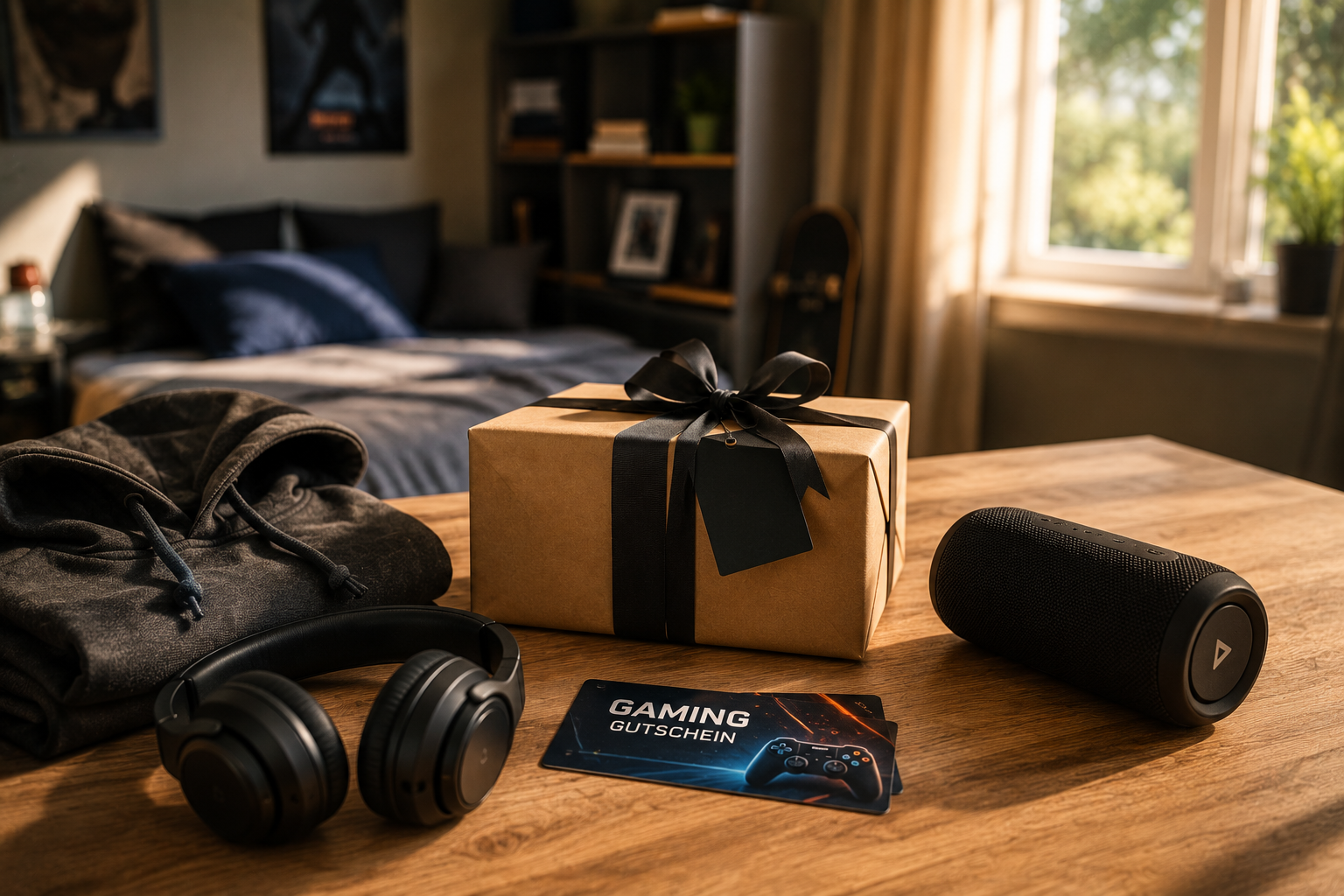 Geschenkbox mit Kopfhörern, Lautsprecher und Hoodie auf einem Holztisch.