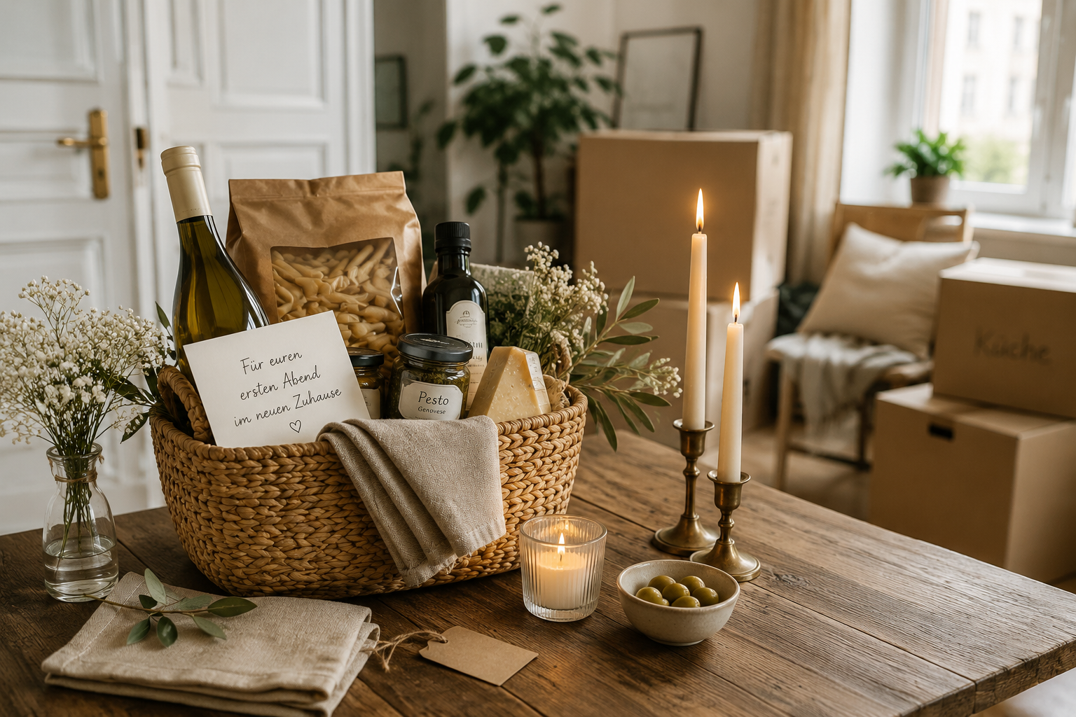 Liebevoll zusammengestellter Geschenkkorb mit Pasta, Olivenöl, Kerzen und Blumen auf einem Holztisch in einer frisch bezogenen Wohnung.