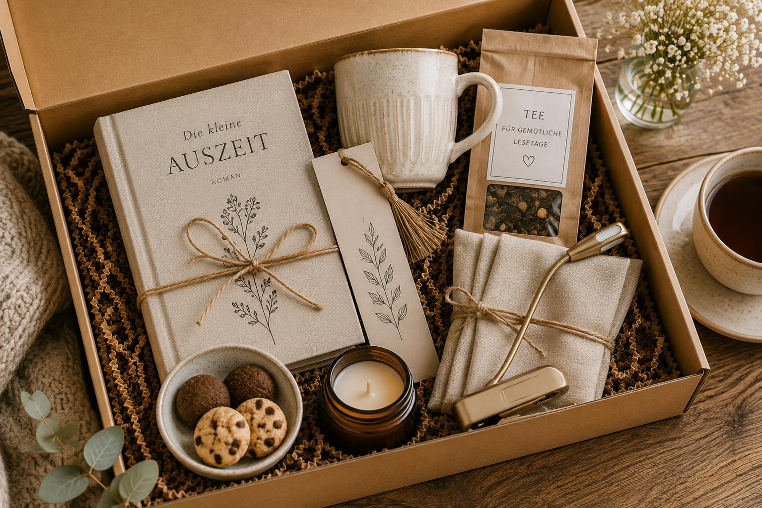 Geöffnete Geschenkbox mit Roman, Keramiktasse, Tee, Lesezeichen, Buchlampe, Duftkerze und kleinen Keksen auf einem Holztisch in warmem Tageslicht.