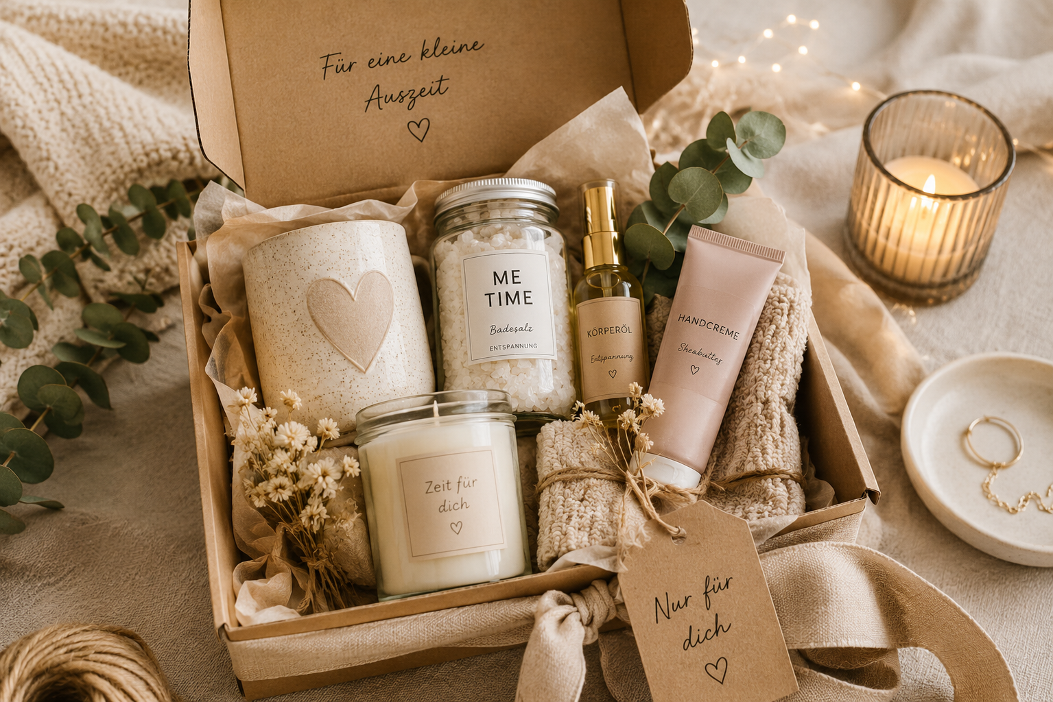 Liebevoll arrangierte Geschenkbox mit Keramiktasse, Duftkerze, Badesalz, Handcreme und weichen Handtüchern als Inspiration zum Geschenkbox selber zusammenstellen.