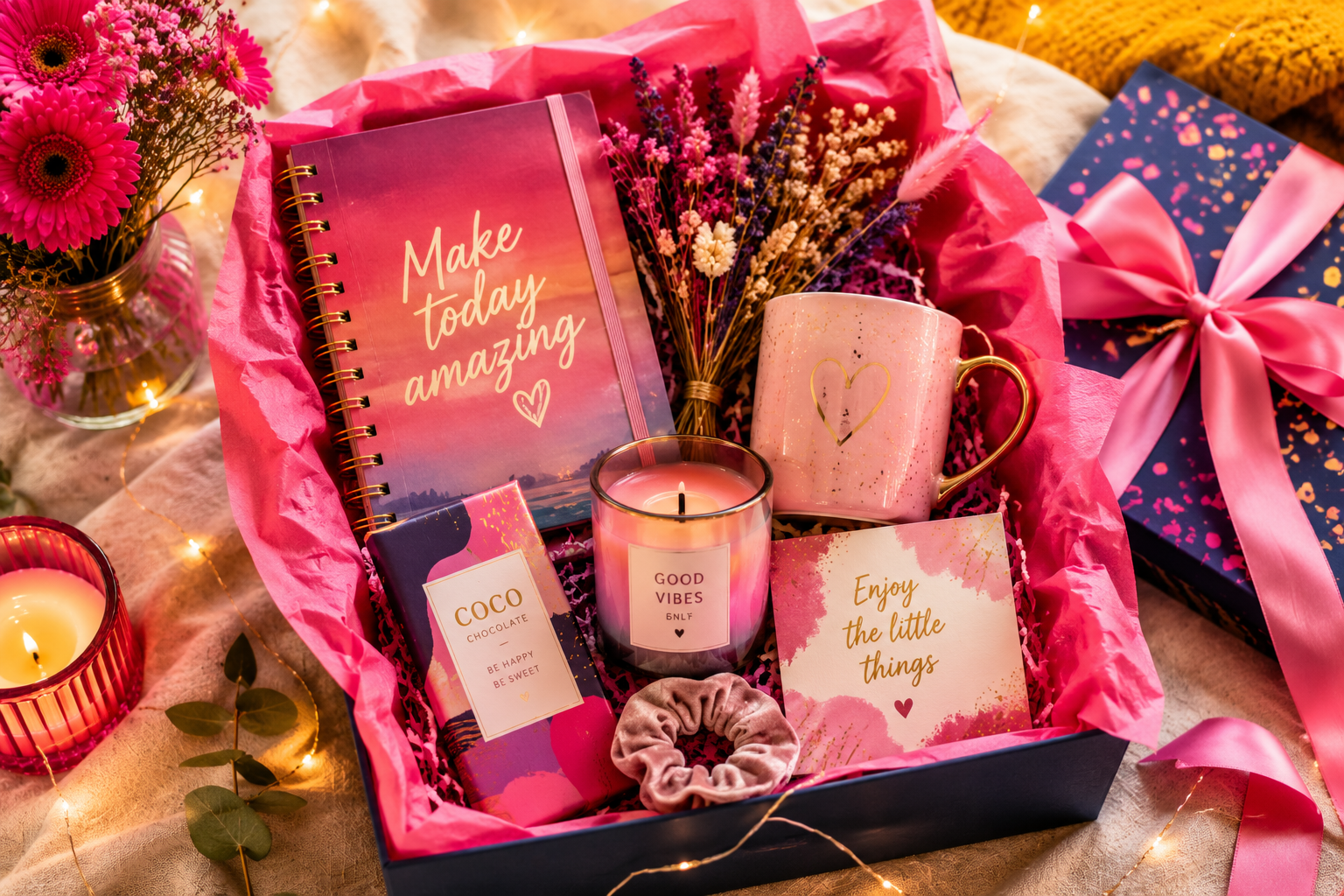 Liebevoll zusammengestellte Geschenkbox für ein Teenager-Mädchen mit verschiedenen kleinen Überraschungen.