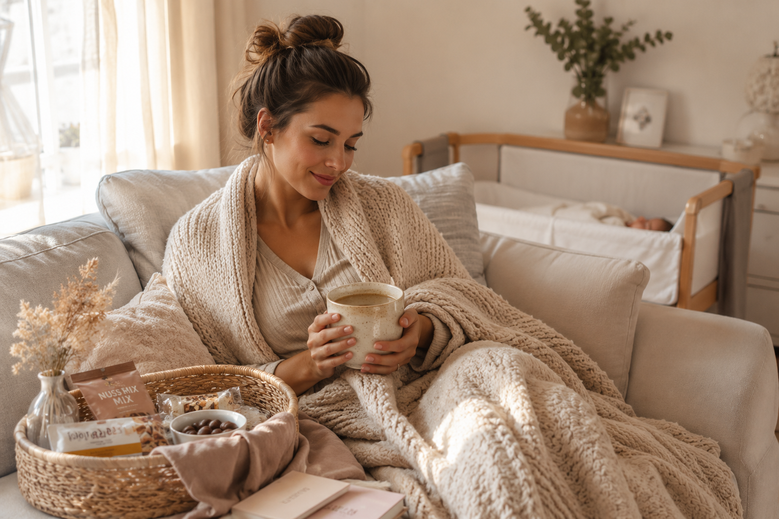 Frischgebackene Mama mit Kuscheldecke, Keramiktasse und Snackkorb in einer gemütlichen Wochenbett-Atmosphäre.