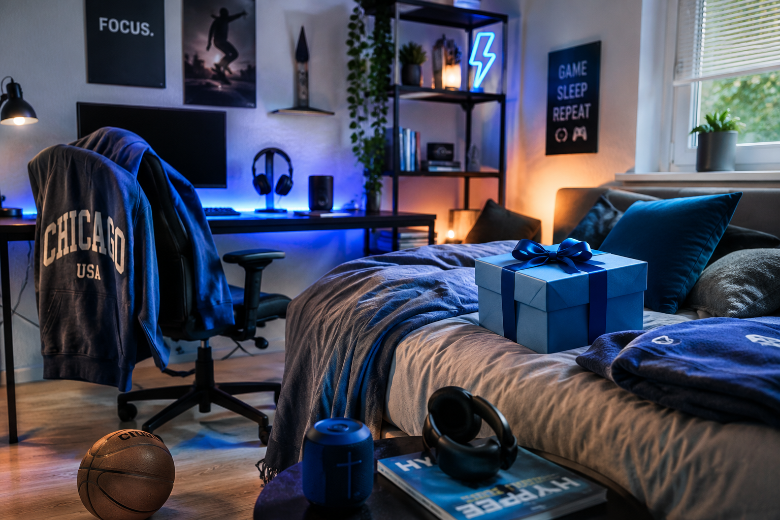 Modernes Teenagerzimmer mit Geschenkbox, Lautsprecher, Kopfhörern und Basketball.