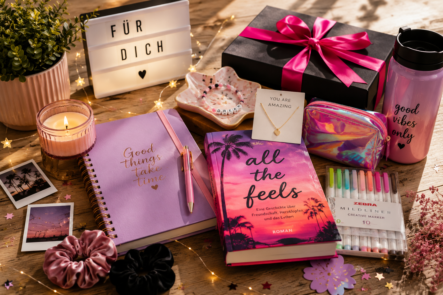 Liebevoll arrangierte Geschenkideen für Teenager-Mädchen auf einem Holztisch.