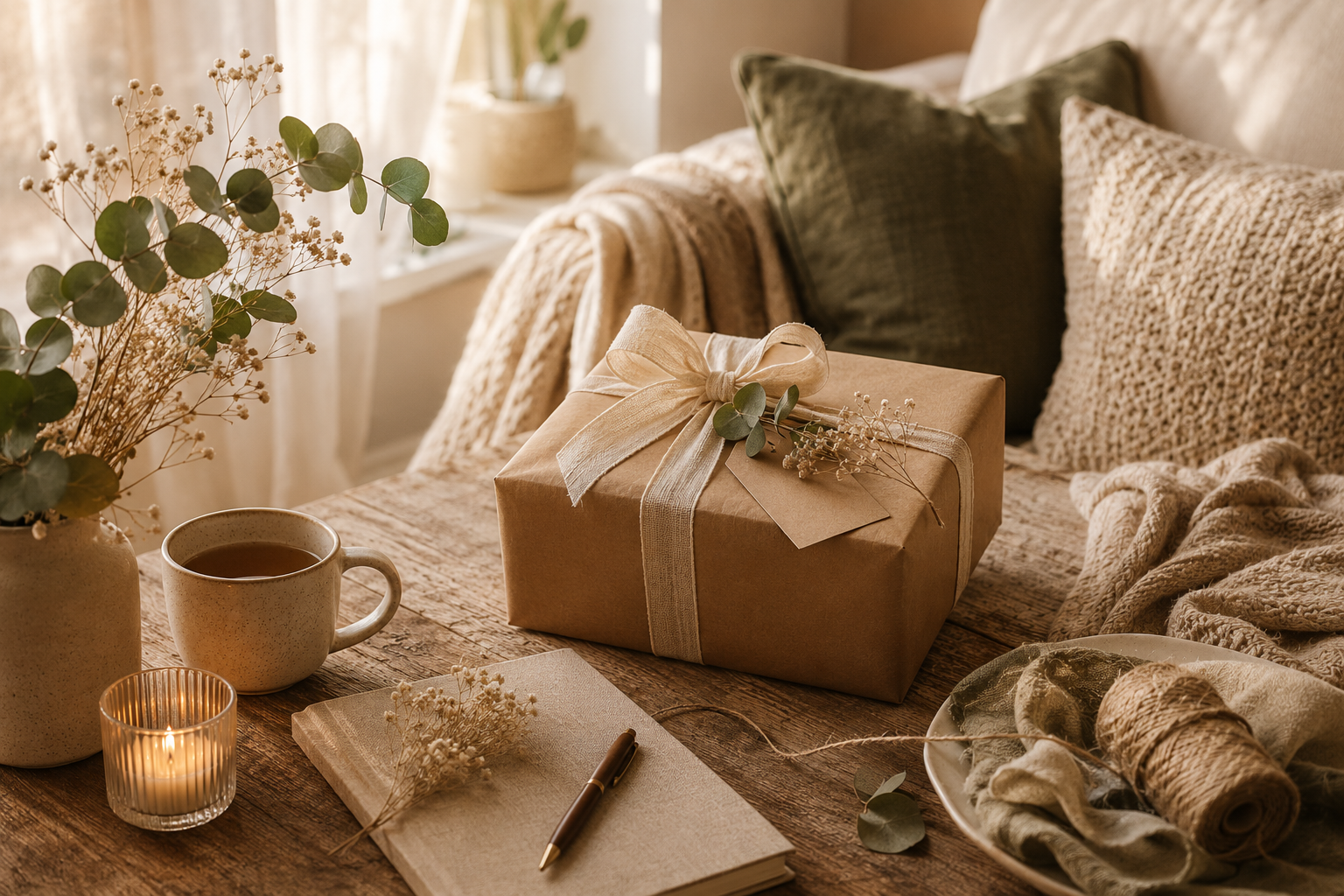Liebevoll verpacktes Geschenk auf einem Holztisch mit Tasse, Kerze und gemütlicher Wohnatmosphäre in warmen Naturtönen.