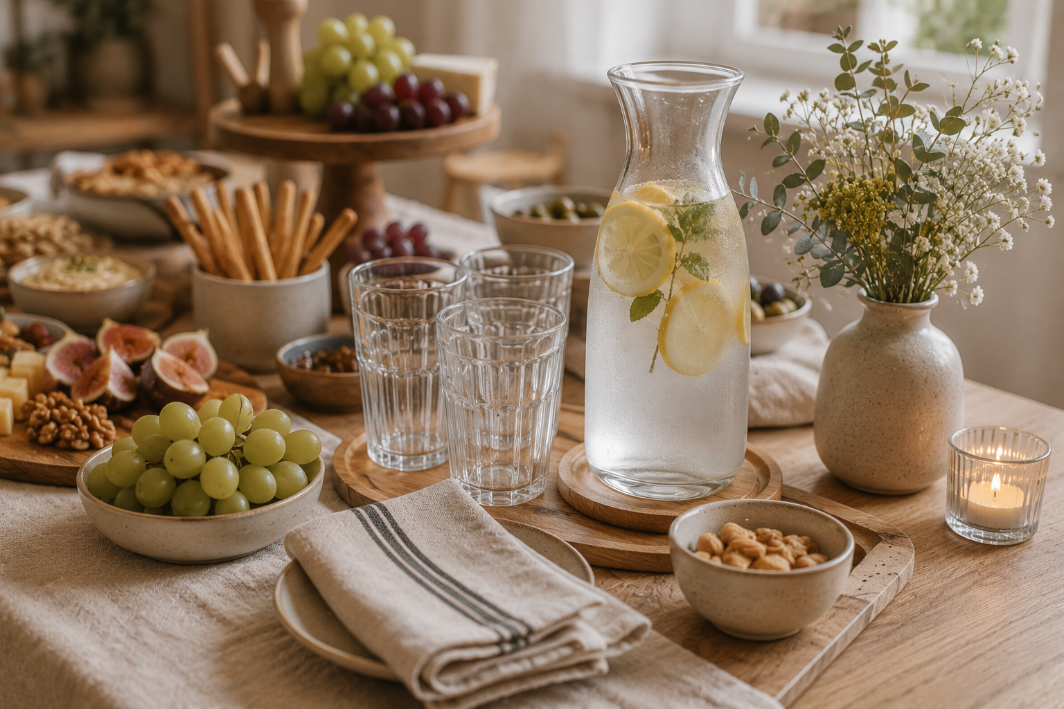Glaskaraffe mit Zitronenwasser und Gläser auf einer stilvoll gedeckten Snack-Bar.
