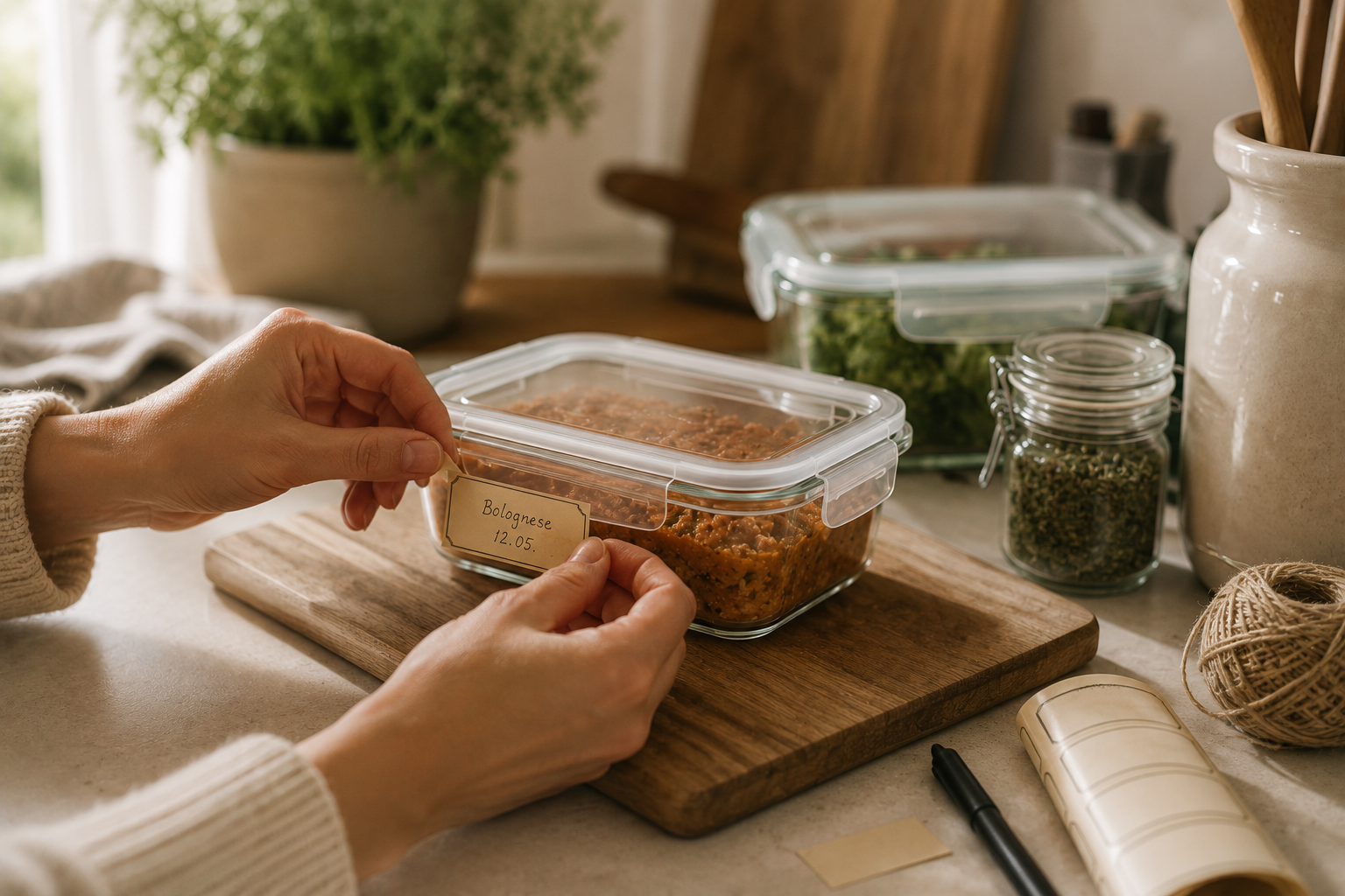 Zwei Hände beschriften eine Glasdose mit vorbereiteten Speisen auf einer Holzarbeitsplatte in einer hellen Küche.