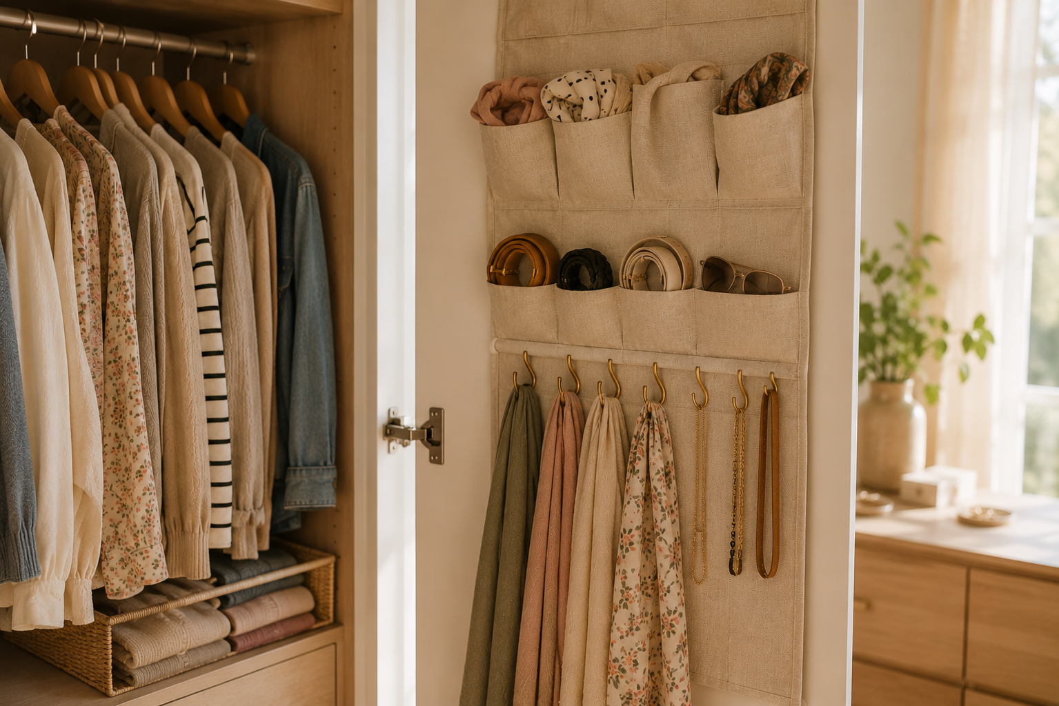Geöffnete Kleiderschranktür mit einem Hänge-Organizer aus Stoff für Schals, Gürtel und Accessoires neben ordentlich aufgehängter Kleidung.