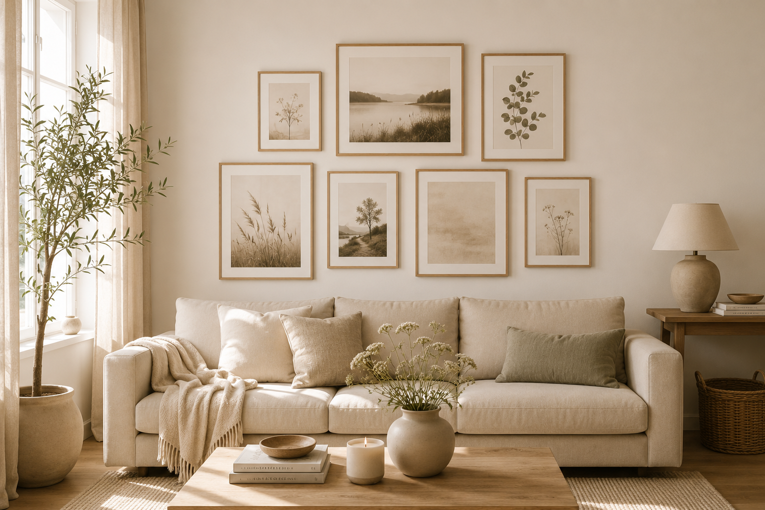 Helles Wohnzimmer mit beigem Sofa und einer harmonisch gestalteten Bilderwand aus acht aufeinander abgestimmten Bilderrahmen in hellen Holzrahmen. Natürliche Wohnaccessoires, eine große Zimmerpflanze und warme Naturtöne schaffen eine ruhige, gemütliche Atmosphäre.