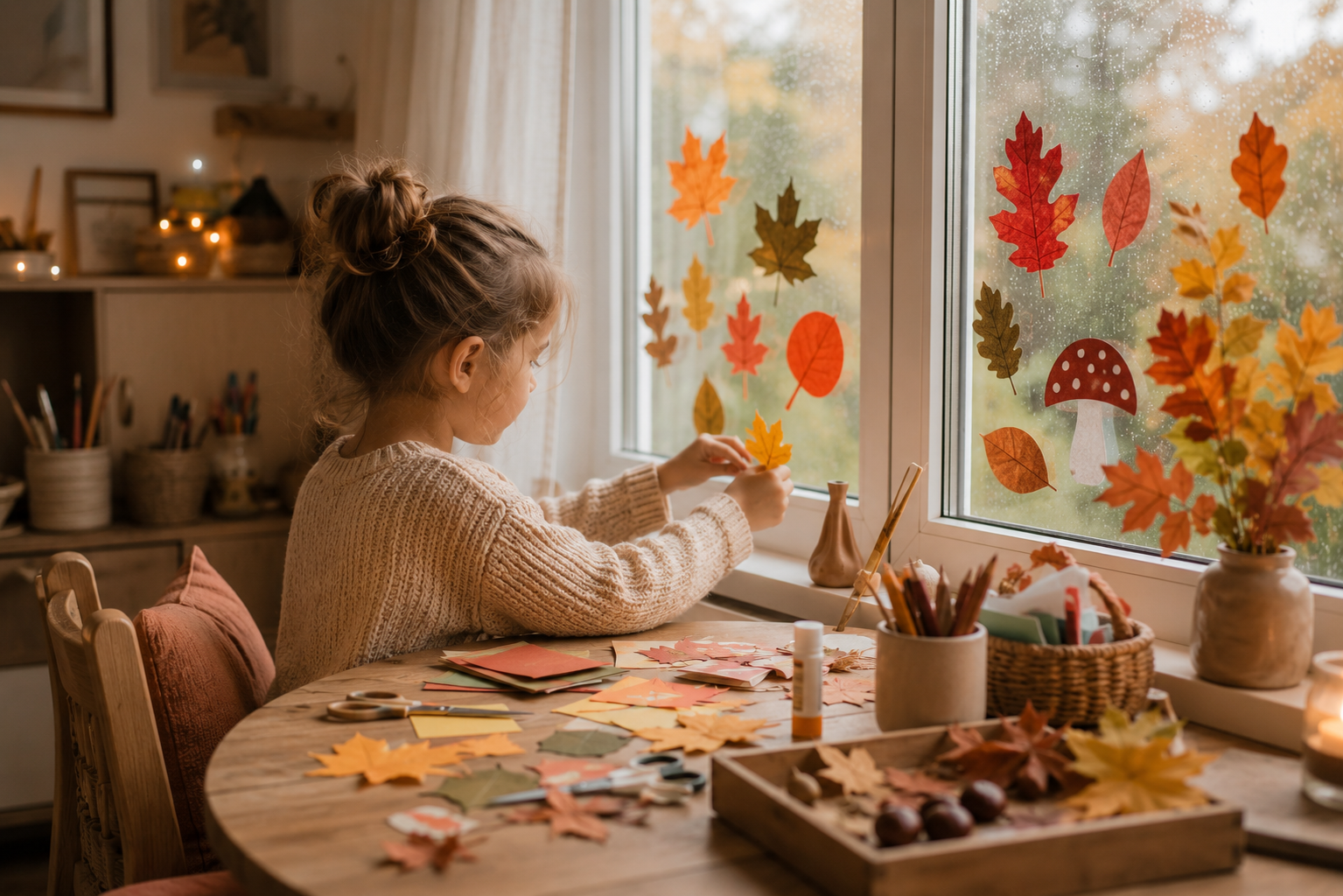Herbstliche Fensterbilder mit Kindern basteln Kind gestaltet an einem regnerischen Herbsttag bunte Fensterbilder aus Papier mit Blättern und Pilzen. Auf dem Holztisch liegen Bastelmaterialien, während herbstliche Dekoration und warmes Licht eine gemütliche Atmosphäre schaffen.