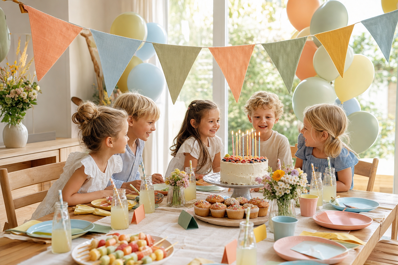 Liebevoll dekorierter Geburtstagstisch mit bunten Pastellfarben, Kuchen, Muffins und festlicher Dekoration für einen Kindergeburtstag.