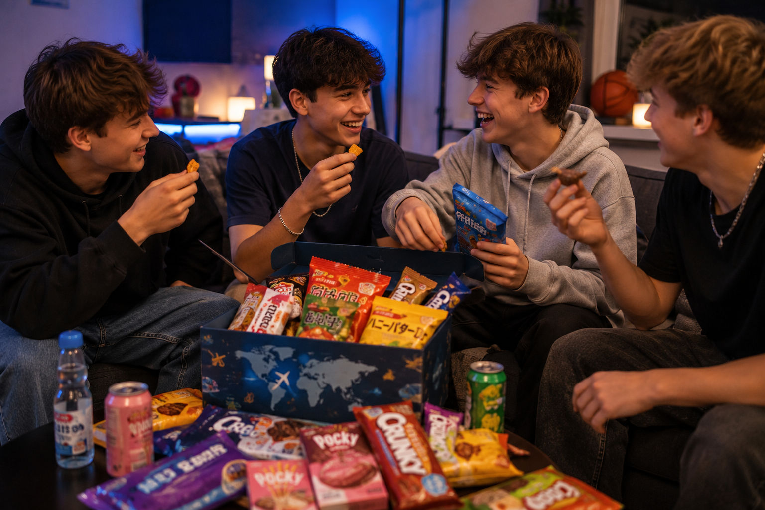 Jugendliche probieren gemeinsam internationale Süßigkeiten aus einer Snackbox.