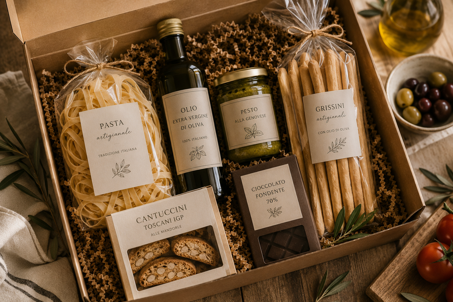 Geöffnete Geschenkbox mit hochwertiger Pasta, Olivenöl, Pesto, Grissini, Cantuccini und feiner Schokolade auf einem Holztisch in warmem Tageslicht.