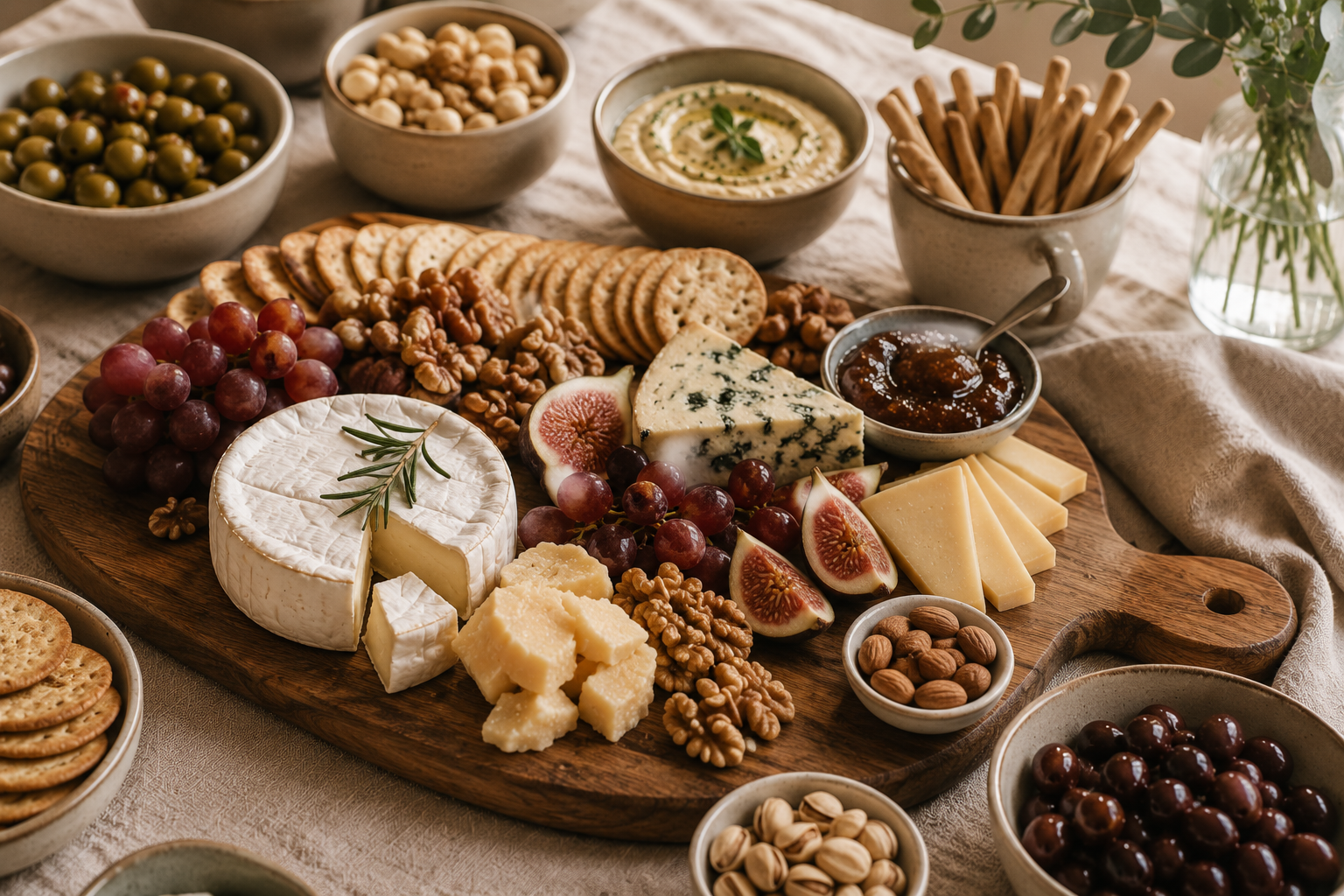 Holzbrett mit Käse, frischem Obst, Crackern und Nüssen als Teil einer Snack-Bar.