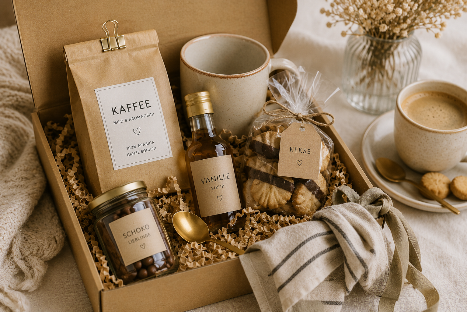 Kaffee-Geschenkbox mit Kaffeebohnen, Keramiktasse, Kaffeesirup, Schokolade und Keksen als Inspiration zum Geschenkbox selber zusammenstellen.
