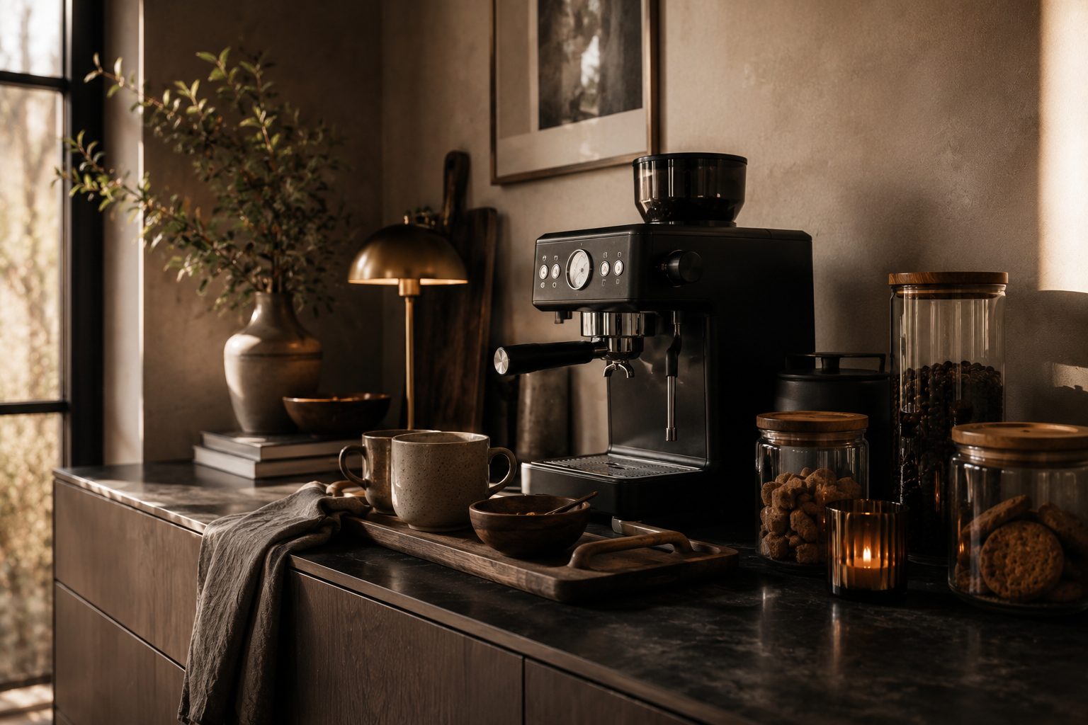 Moderne Kaffee-Ecke auf einer dunklen Küchenarbeitsplatte mit Kaffeemaschine, Holztablett, Keramiktassen und Vorratsgläsern.